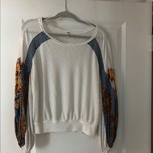 Free People White Sweater with Patterned Sleeves